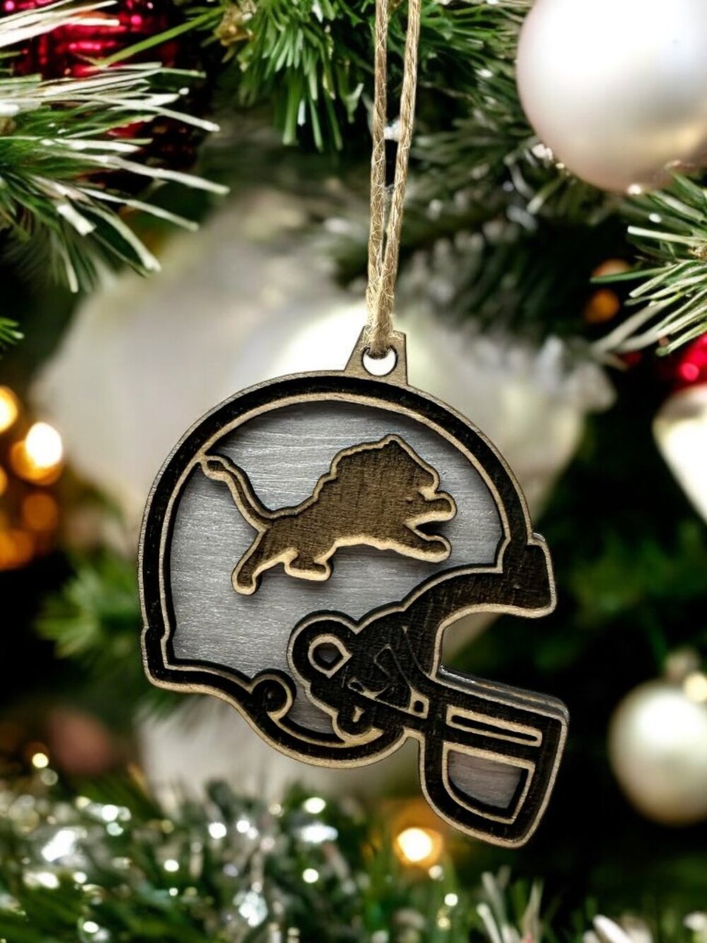 Detroit Lions Football Helmet Ornament | Laser Engraved Basswood